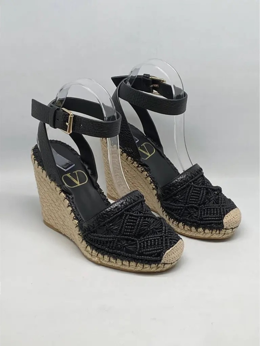 Valentino Black Espadrille Woven Wedge Sandals